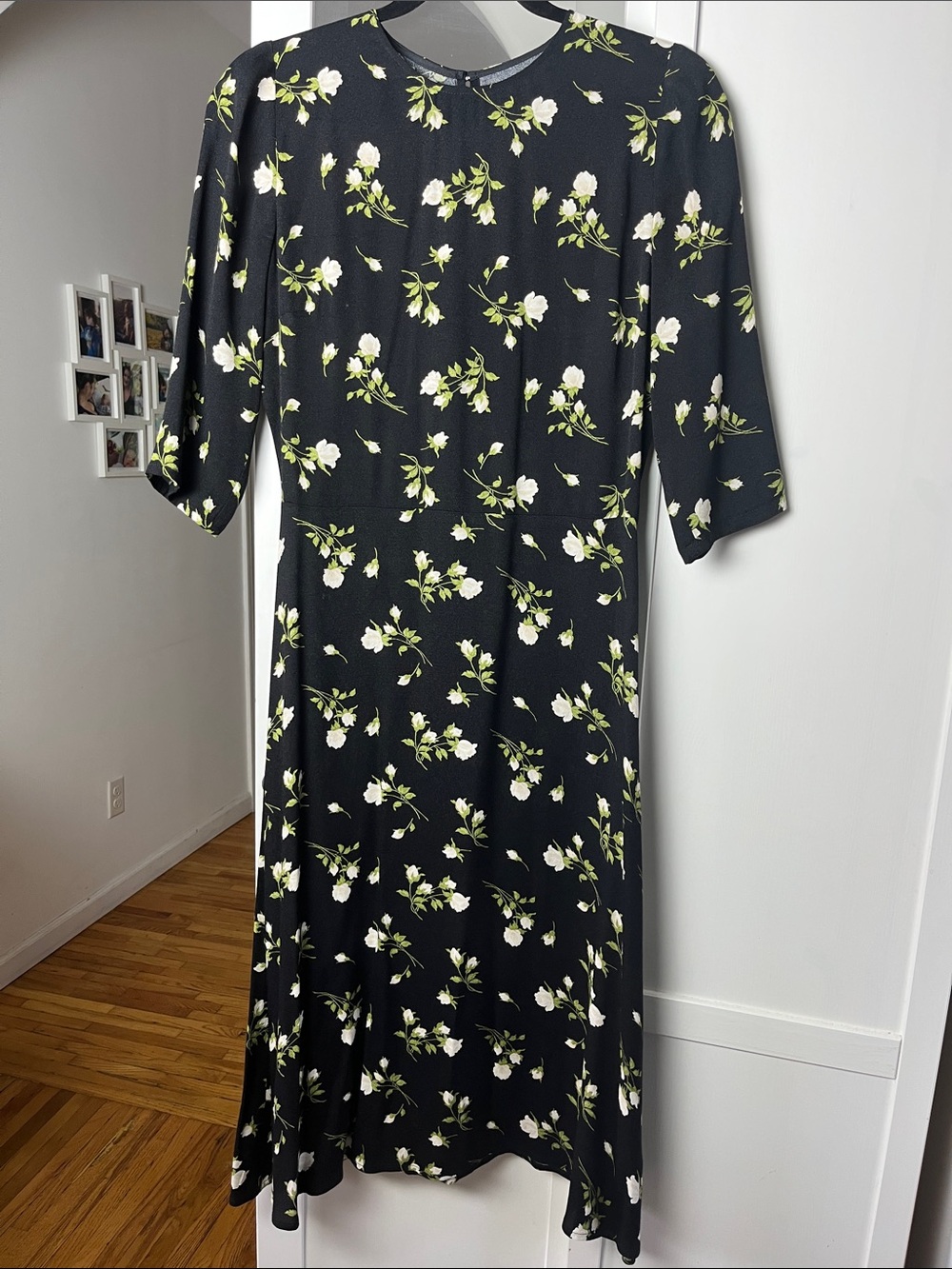 Reformation Black Midi Dress with White Floral and Green Leaves